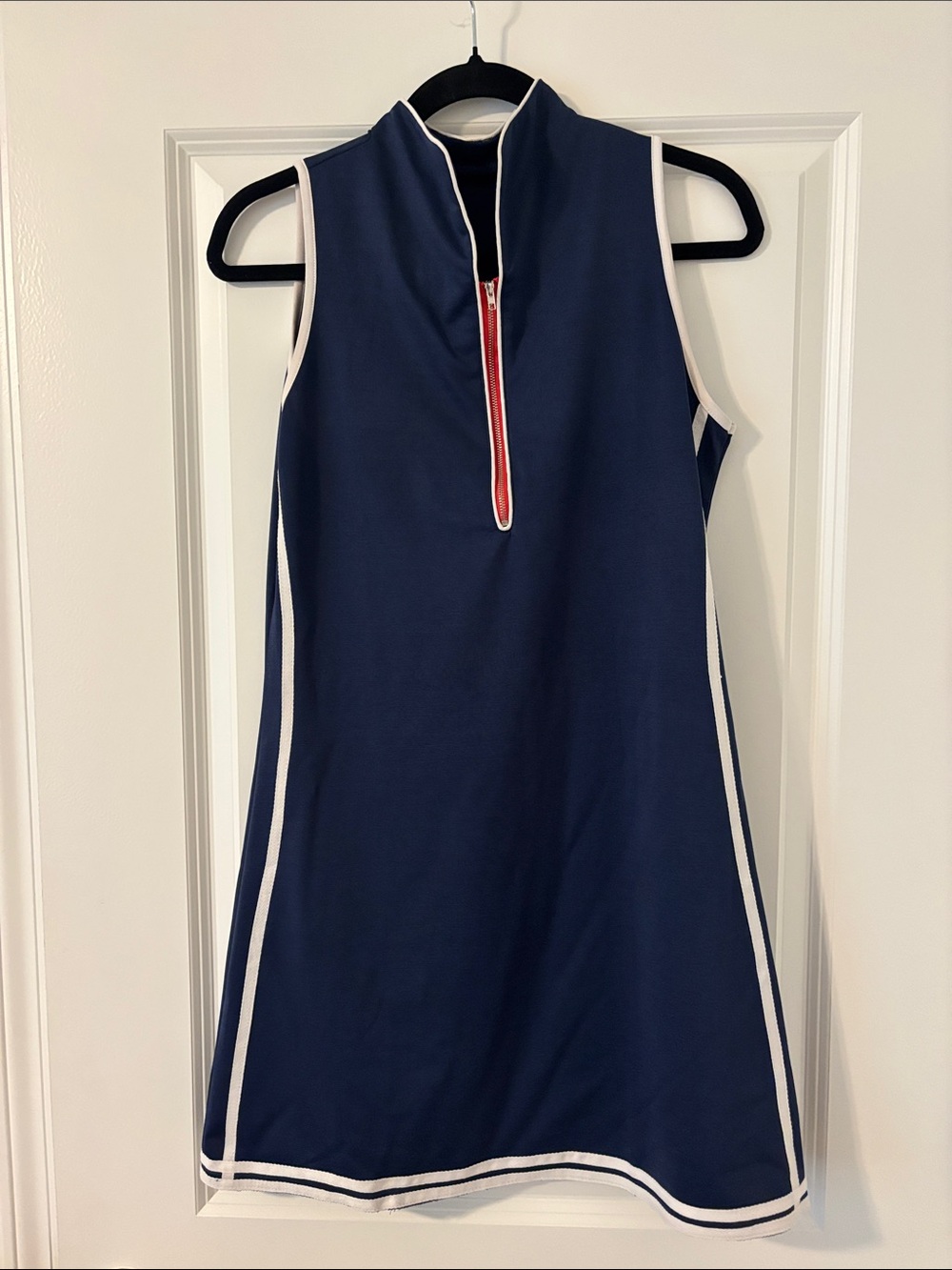 SHEIN Navy Blue Sleeveless Mini Dress with White Trim and Red Zip